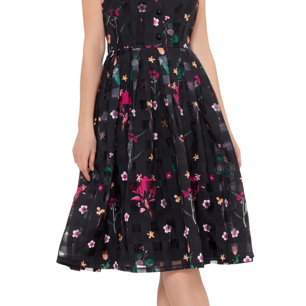 Black Floral Print Pleated Skirt Button Front Sleeveless Dress Large - Picture 4 of 16